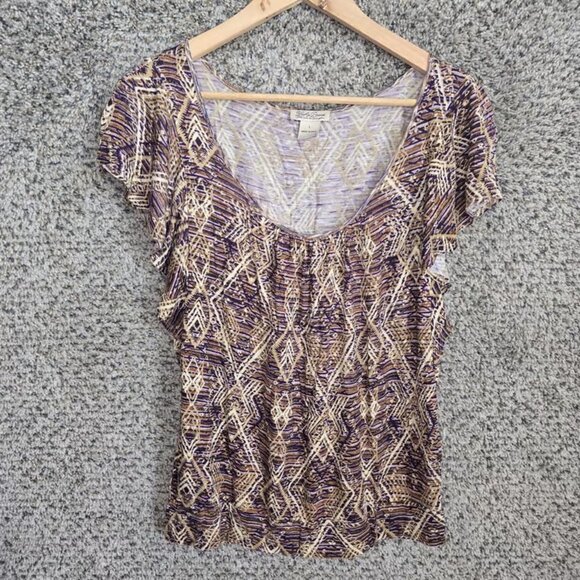 Lucky Brand Top Womens Large Purple V Neck Flutter Sleeve Boho Tee Casual Rayon - Picture 1 of 3
